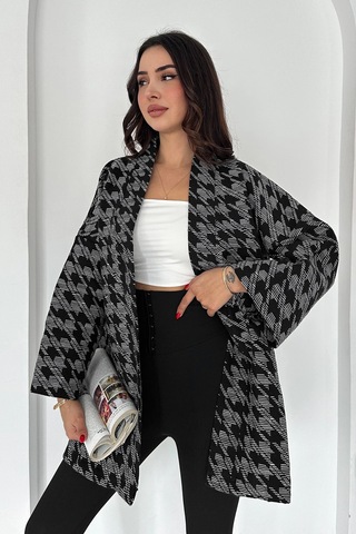 Kazayağı Desenli Kimono Siyah Siyah