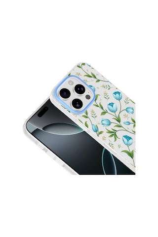 Apple iPhone Uyumlu 16 Pro Max Kılıf Kamera Korumalı Desenli Zore Klip Kapak - Mavi Lale -