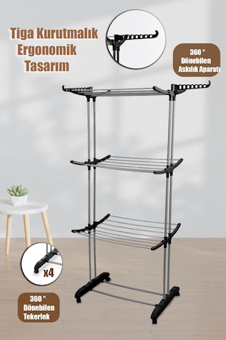Doğrular Perilla Tiga Fits 3 Katlı Tekerlekli Çamaşır Kurutmalık Siyah