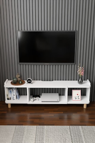 150 Cm Modern Tv Ünitesi Ayaklı Raflı Salon Oturma Odası Dekoratif Televizyon Sehpası Tv Sehpası Beyaz