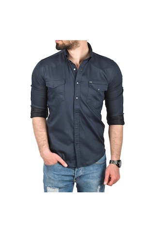 Deepsea Erkek Lacivert Slim Fit Pamuklu Cepli Kot Gömlek Çıtçıtlı Uzun Kollu Spor Gömlek 2502503 Lacivert