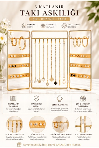 Katlanabilir Metal Takı Organizeri 3 Panelli Gold Küpelik Kolye Askılığı Bileklik Ve Yüzük Düzenleyici Altın