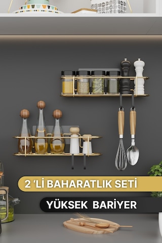 Bino Baharatlık 2 Li Set Gold Metal Mutfak Rafı Banyo Rafı Yapışkanlı Kancalı Tuzluk Askılık Çok Renkli