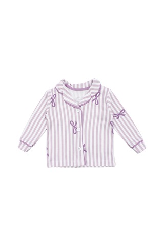 By Bebekodam Kız Bebek Beyaz Lila Fiyonklu Çizgili Pijama Takımı