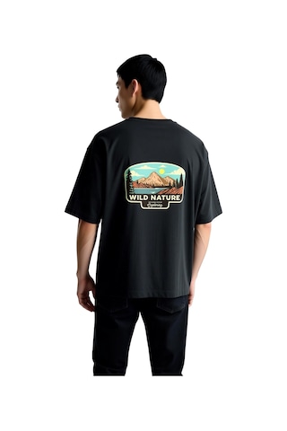 Paybuy Erkek Oversize Tişört Dağ Manzara Baskılı Outdoor Keşif Teması Re Siyah