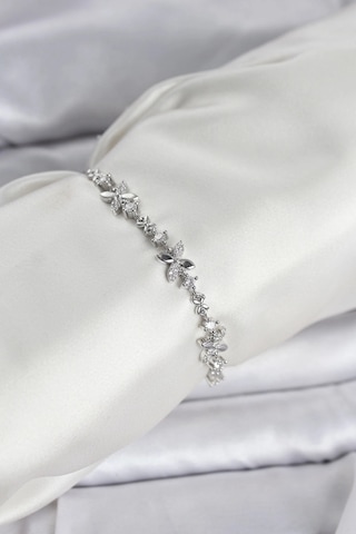 Mey İthalat Gümüş Renk Yonca Model Zirkon Taşlı Asansörlü Kadın Bileklik Çok Renkli