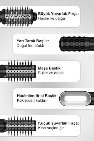 5 İ 1 Arada Otomatik Dönen Hava Üflemeli Saç Şekillendirici Ve Kurutma Seti - 1200w. Siyah