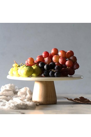 Akayev Mermer 28 CM Konik Ahşap Ayaklı Beyaz Yuvarlak Sunum Tabağ