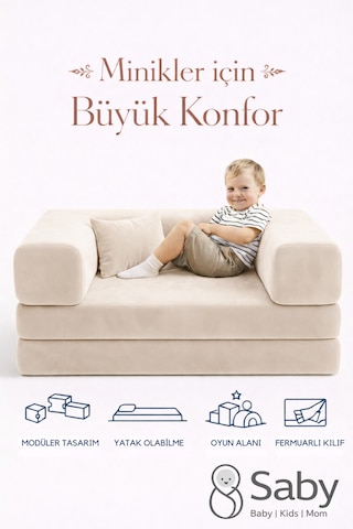 Premium 140x70 Cm Modüler Çocuk Ve Genç Koltuğu Yatak Olabilen Sünger Oyun Alanı Yıkanabilir Kılıf Bej