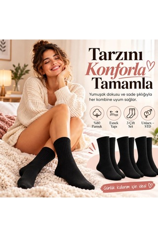 Bezos Unisex Siyah Soket Çorap 12'li Set Düz Basic Ribanalı Günlük Spor Esnek Rahat Uzun Çorap Konforlu Set 22