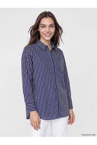 Lcw Modest Lacivert Çizgili Oversize Kadın Gömlek Tunik