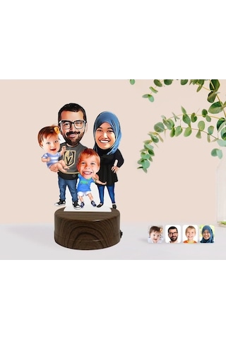 Kişiye Özel Tesettürlü Aile Karikatürlü Dekoratif 3D Biblo Led Iş (483006929)