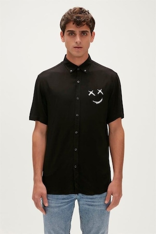 Bad Bear Smile Shirt 23.01.30.004s Siyah Kısa Kollu Baskılı Erkek Gömlek Siyah
