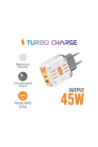 Lucatech Lc-125 45w Pd + Usb Çift Çıkışlı Type-c Ve Usb-a Turbo Hızlı Şarj Cihazı Adaptör Beyaz