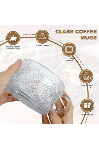 Vintage Kahve Cam Kupa Seti 2'li, Cam Kahve Çay Fincanları A Şeffaf