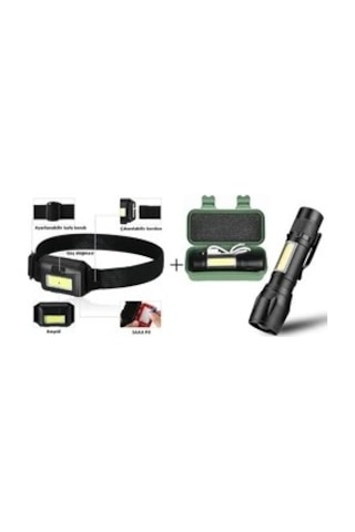 Usb Charge Zomlu El Feneri+ Ayarlanabilir Kafa Lambası Siyah