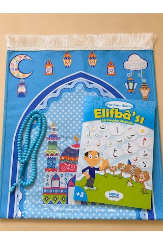 Çocuk Namaz Seti 2001 Çantalı Seccade, Elif Ba Ve 99'lu Tesbih Mavi
