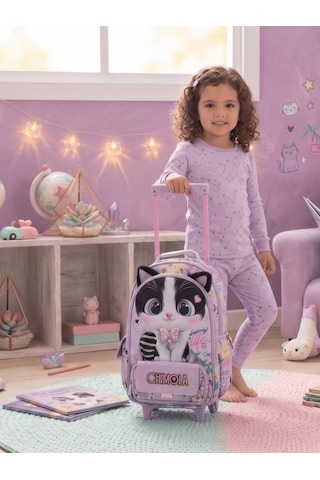 Chimola Dreamy Life Kedi Desenli 16 İnç Çekçekli Anaokulu Sırt Çantası Peluş Kulaklı Lila Bt285 Çok Renkli