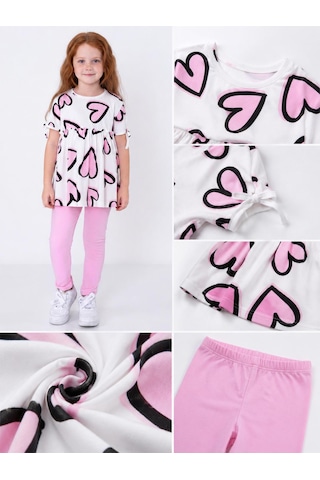 Durukoza Kız Çocuk Kalp Desenli Tunik Tayt Takım Pembe Beyaz Günlük Takım 4-8 Yaş