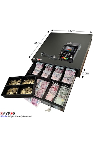 6 Kağıt Para Gözlü Ingenico Yazarkasa Pos Uyumlu Anahtardan Açılır Büyük Para Çekmecesi 41x41x11cm