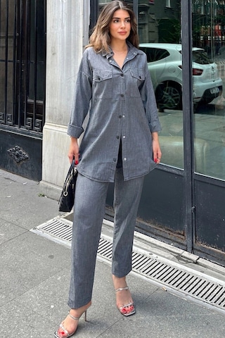 Antrasit Uzun Tunik Gömlek & Beli Lastikikli Rahat Pantolon - Yıkamalı Kot Kumaş Alt Üst Takım Antrasit