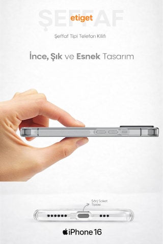 Apple Uyumlu iPhone 16 Şeffaf Silikon Kılıf Şarj Yeri Tıpalı, Kaymaz Kenarlı Şeffaf