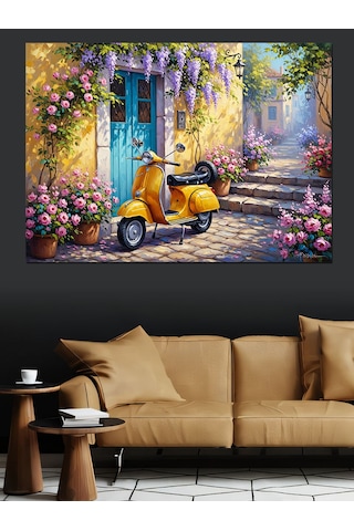 Ahşap Tablo Çiçekli Sokakta Sarı Scooter Tablo