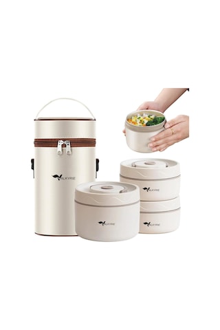 Valkyrie 3 Gözlü Paslanmaz Çelik Isı Yalıtımlı Yemek Kabı Seti Çantalı 304 Steel 2 X 420ml + 550ml Krem