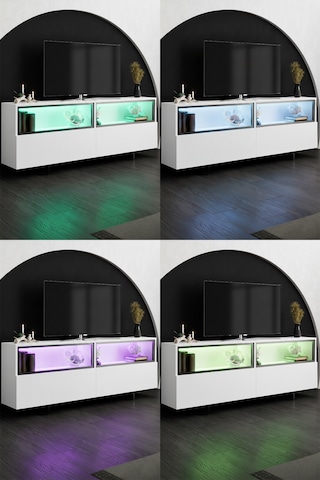 Ekol Siyah Demir Ayaklı Rgb Led Işık Sistemli Beyaz Tv Ünitesi Tv Sehpası Beyaz - Siyah