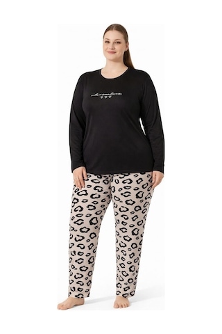 Pemilo Kadın 7261 Büyük Beden Uzun Kol Likralı Milan Pijama Takımı Siyah