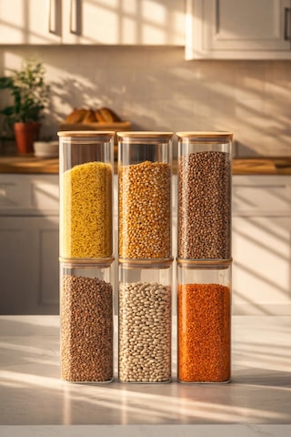Porsima 7-3 Bambu Vakumlu Kapaklı Kare Borsilikat Cam 6lı Kavanoz Seti Saklama Kabı 1900ml 9,5x27cm Ahşap - Şeffaf