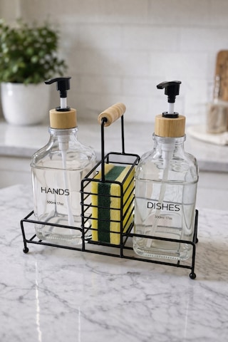 Makri Home Lüks Bambu Kulplu Siyah Metal Stantlı İkili Cam Sıvı Sabunluk 500 Ml, 23x9x23,5 Cm