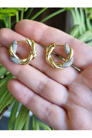 14k Altın Kaplama Taşlı Örgü Halka Küpe Işıltılı Şıklık Altın