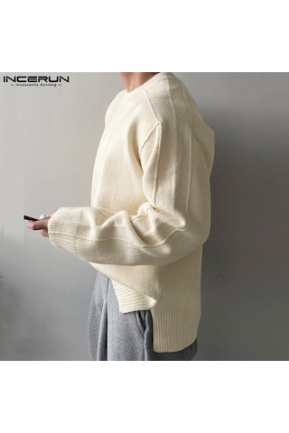 Incerun Erkek Sonbahar Kalın Yünlü Örme Kazaklar Düz Renk Yüksek Alçak Kazaklar Mor