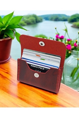 Cronder Hakiki Deri Yan Model Kutu Cüzdan Kartlık Kırmızı