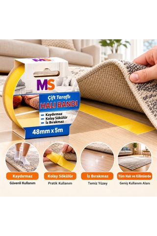3 Adet Premium Çift Taraflı Halı Bandı 48 Mm X 5 Metre Yapışkanlı Kaydırmaz Kaymaz Bantı Kilim Paspas