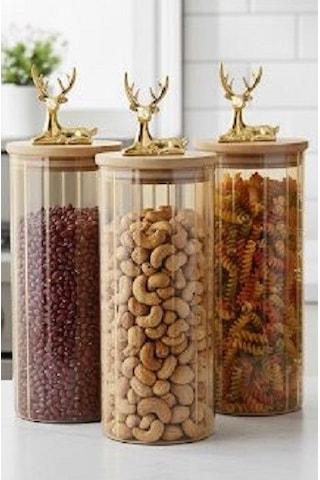 Morponi 3'lü Borosilikat Cam Geyik Figürlü Şık Çizgili Amber Cam Kavanoz Mutfak Seti 1000 Ml Şeffaf