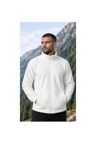 Givoria Erkek Kışlık Fermuarlı Cepli Polar Hırka Outdoor Beyaz Beyaz
