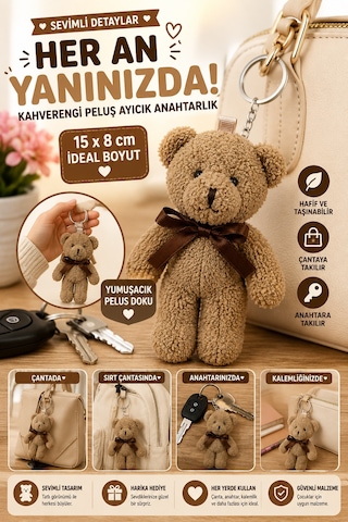 1 Adet Kahverengi Peluş Ayıcık Anahtarlık 15x8 Cm Çanta Sırt Çantası Anahtar Aksesuar Sevimli Fiyonk