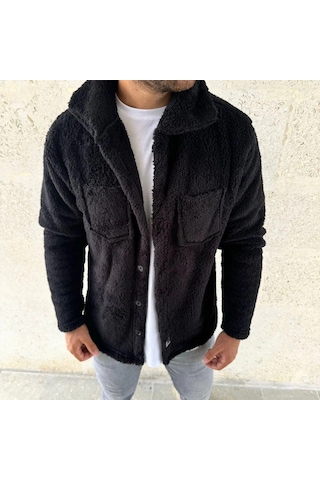 Ertaştrendstore Erkek Pelüş Polar Hırka Gömlek Yakalı İlik Düğmeli Göğüs Cepli Yumuşak Dokulu - Siyah Çoklu Renk