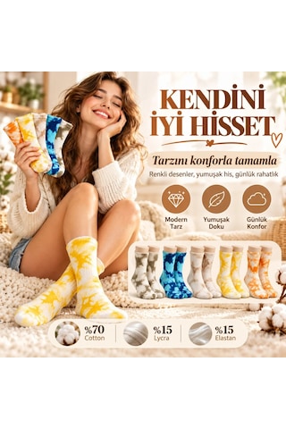Teorastore Unisex Batik Spor Çorap 10'lu Set Tie Dye Tenis Çorabı Koyu Retro Renkler Günlük Rahat Konforlu Stil Çok Renkli