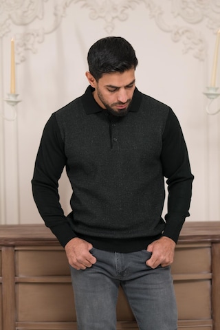 Woolen World Polo Yaka Armürlü Yünlü Erkek Triko Kazak Siyah