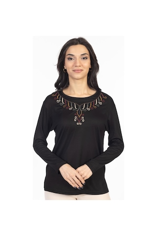 Yeni Model 2024 Nakış İşlemeli Yuvarlak Yaka Likralı Anne Penye Bluz 6450-siyah
