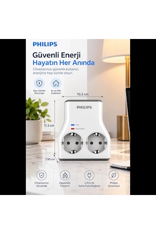 Phılıps Chp7022w/62 2li Akım Korumalı Priz 1140 Joules Beyaz 1923 Diğer