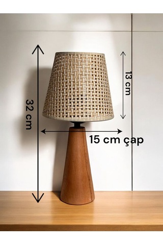 Bohem Ahşap Ayaklı Konik Abajur - Bej Bej