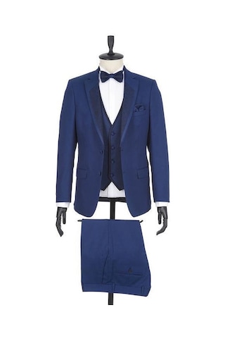İmza Lacivert Gabardin Mono Yaka Astarlı Yelekli 6 Drop Slim Fit Dar Kesim Smokin Damatlık 1001190166-Lacivert