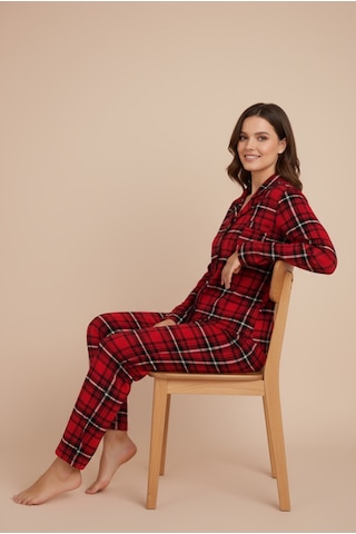 Bravie Luxury Viscose Kırmızı Ekose Desenli Kadın Uzun Kollu Büyük Beden Pijama Takımı 42513 Kırmızı
