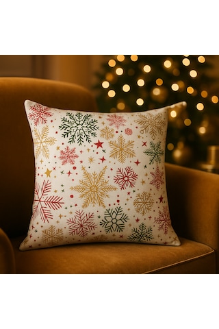 Krem Zeminli Yılbaşı Kırlent Kılıfı Çok Renkli Kar Tanesi Desenli 40 * 40