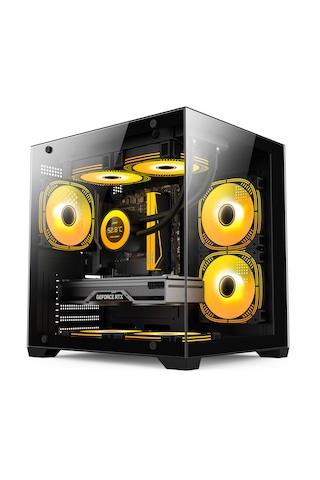 Atheron Eagle Panoramik Micro Atx Gaming Kasa 5x120mm Argb Fan 9 Port Pwm Argb Kontrolcü Temperli Cam Siyah