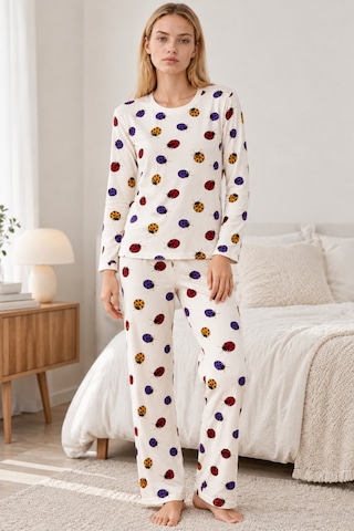Womanandkids Night Beyaz Kadın Desenli İkili Rahat Pijama Takımı 4829